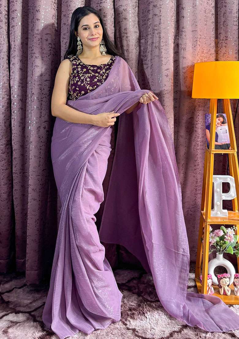 Purple Silk Blend Saree Set with Embroidery for Diwali | Wedding & Festive Wear - Indya