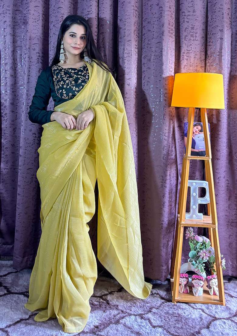 Yellow Embroidery Silk Blend Saree Set for Diwali and Festive Wear - Indya