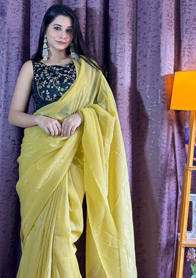 Yellow Embroidery Silk Blend Saree Set for Diwali and Festive Wear - Indya