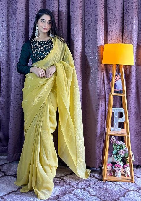 Yellow Embroidery Silk Saree Set