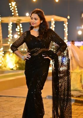 Black Embroidery Net Saree Set