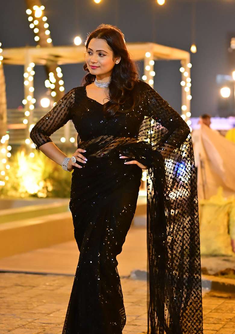Black Embroidery Net Saree Set for Diwali and Festive Wear - Indya