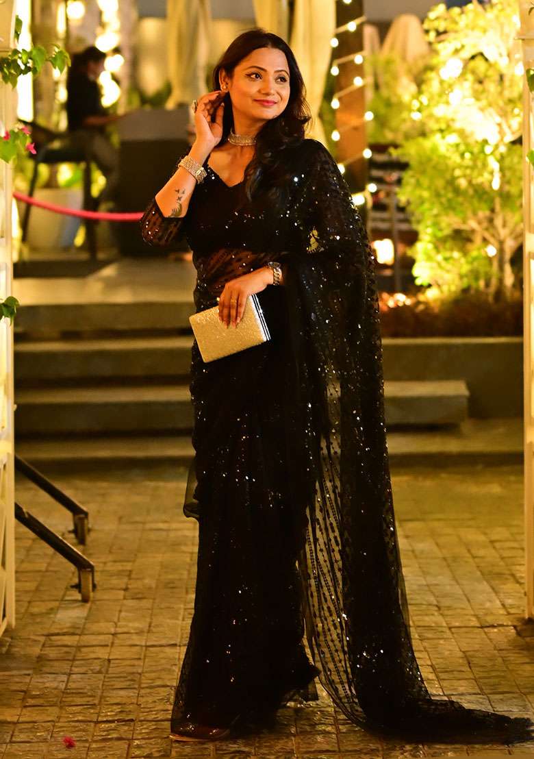 Black Embroidery Net Saree Set for Diwali and Festive Wear - Indya