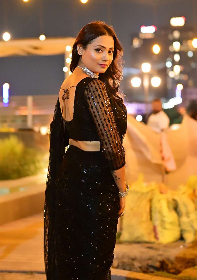 Black Embroidery Net Saree Set for Diwali and Festive Wear - Indya