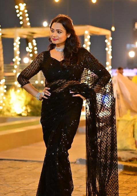 Black Embroidery Net Saree Set