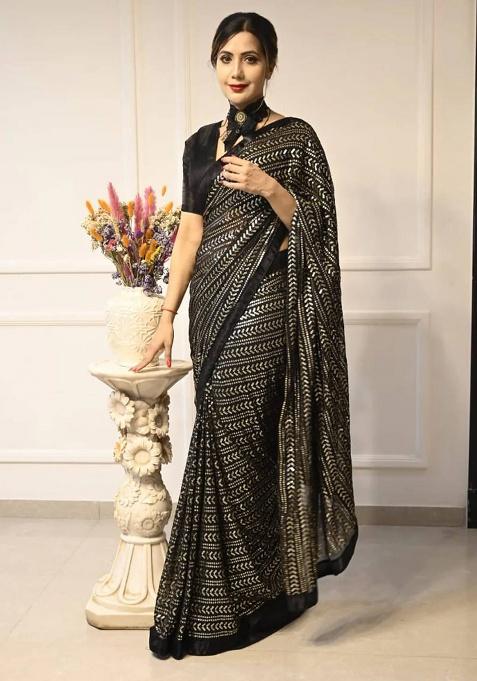 Black Embroidery Georgette Saree Set
