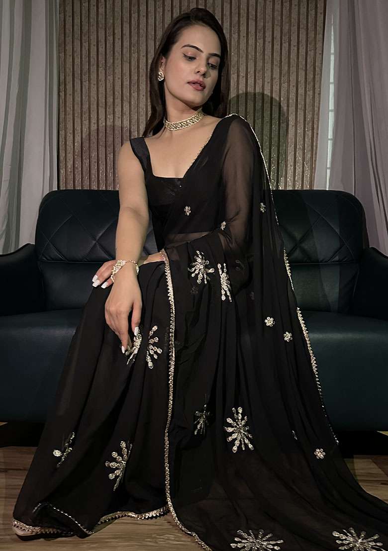 Black Embroidery Georgette Saree Set for Diwali and Festive Wear - Indya