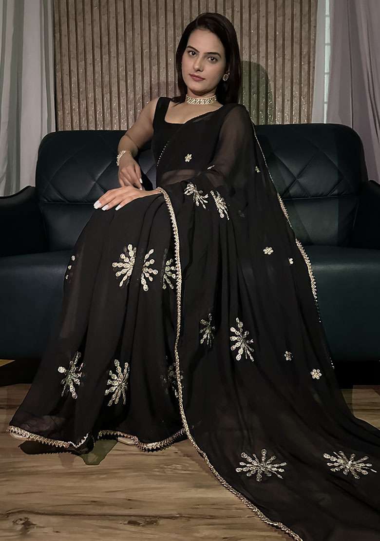 Black Embroidery Georgette Saree Set for Diwali and Festive Wear - Indya