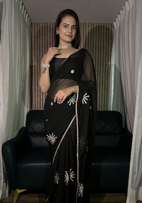 Black Embroidery Georgette Saree Set