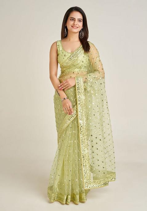 Pista Embroidery Net Saree Set