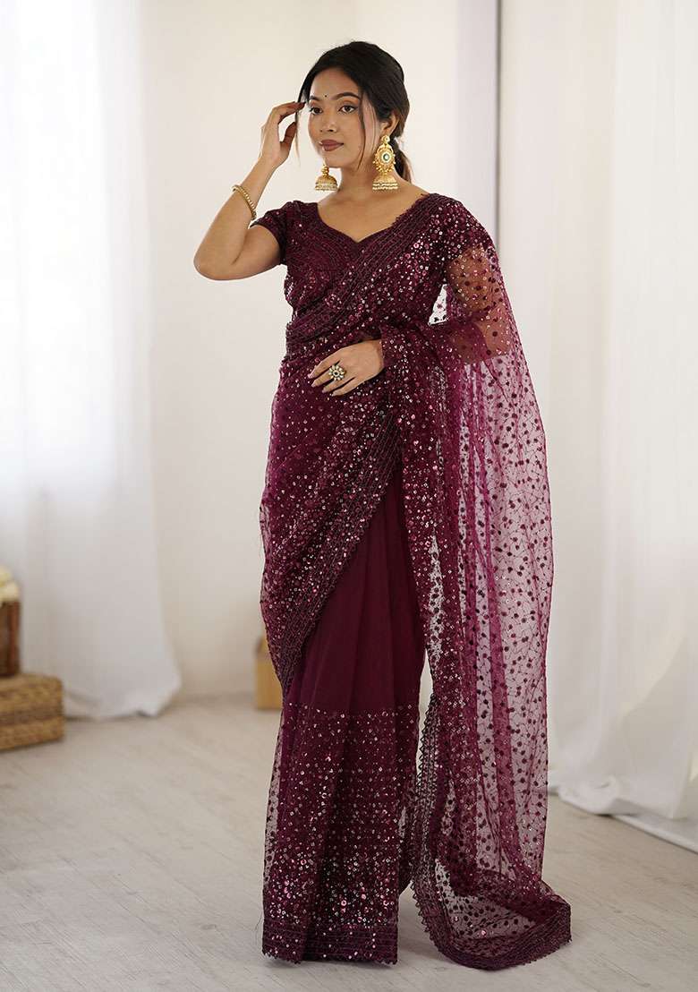 Wine Net Saree Set with Embroidery for Diwali | Wedding & Festive Wear - Indya