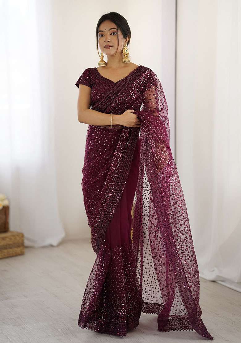 Wine Net Saree Set with Embroidery for Diwali | Wedding & Festive Wear - Indya