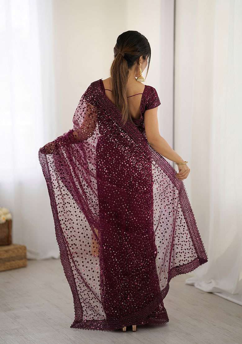 Wine Net Saree Set with Embroidery for Diwali | Wedding & Festive Wear - Indya