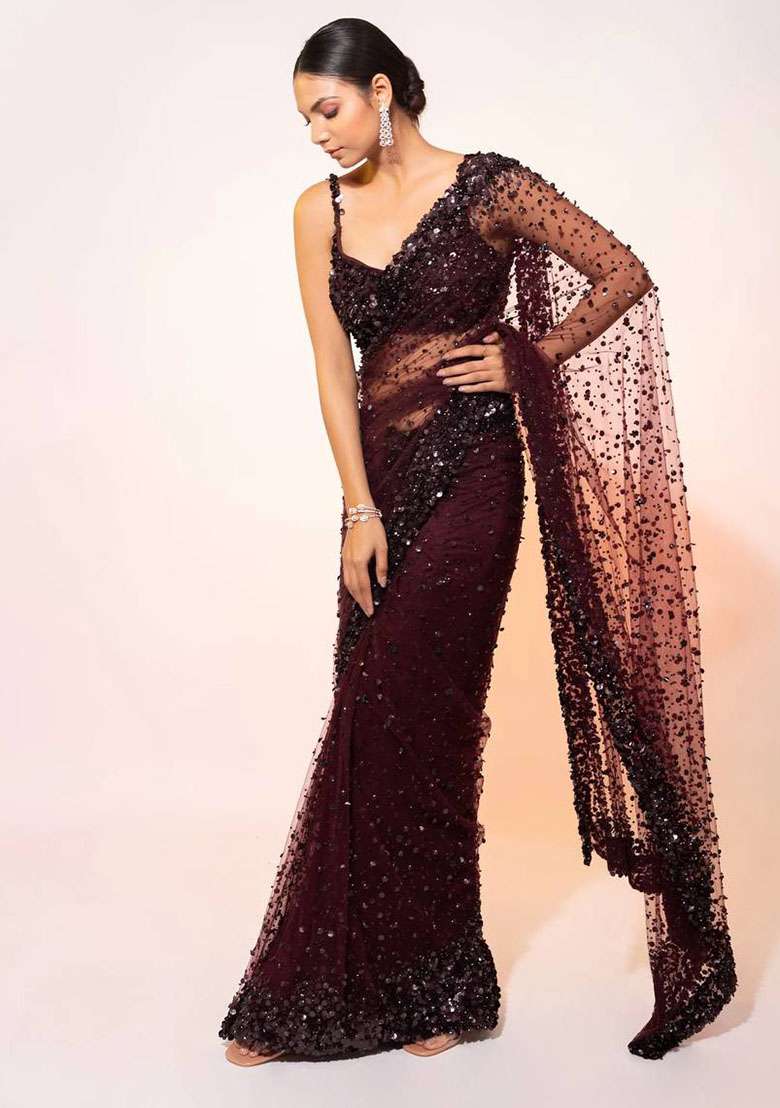 Brown Net Saree Set with Embroidery for Diwali | Wedding & Festive Wear - Indya