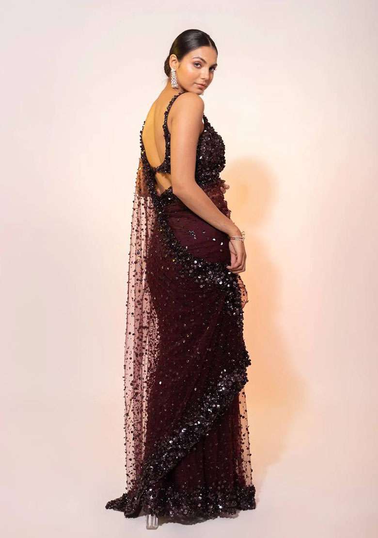 Brown Net Saree Set with Embroidery for Diwali | Wedding & Festive Wear - Indya