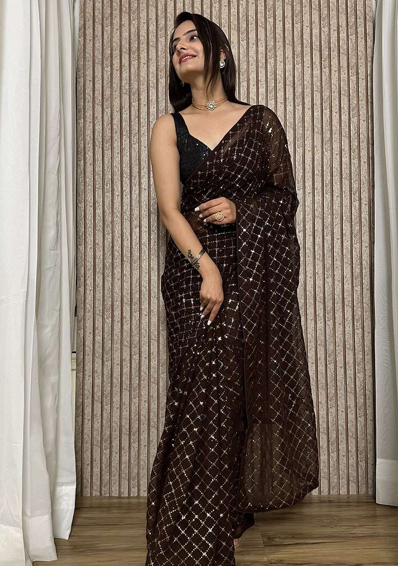 Brown Georgette Saree Set with Embroidery for Diwali | Wedding & Festive Wear - Indya