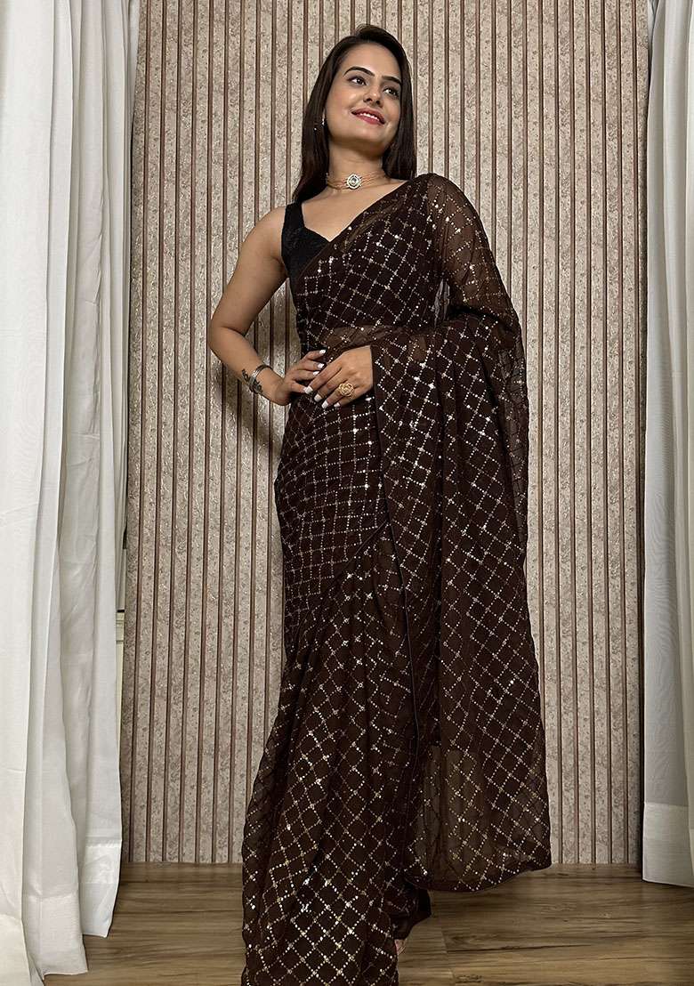 Brown Georgette Saree Set with Embroidery for Diwali | Wedding & Festive Wear - Indya