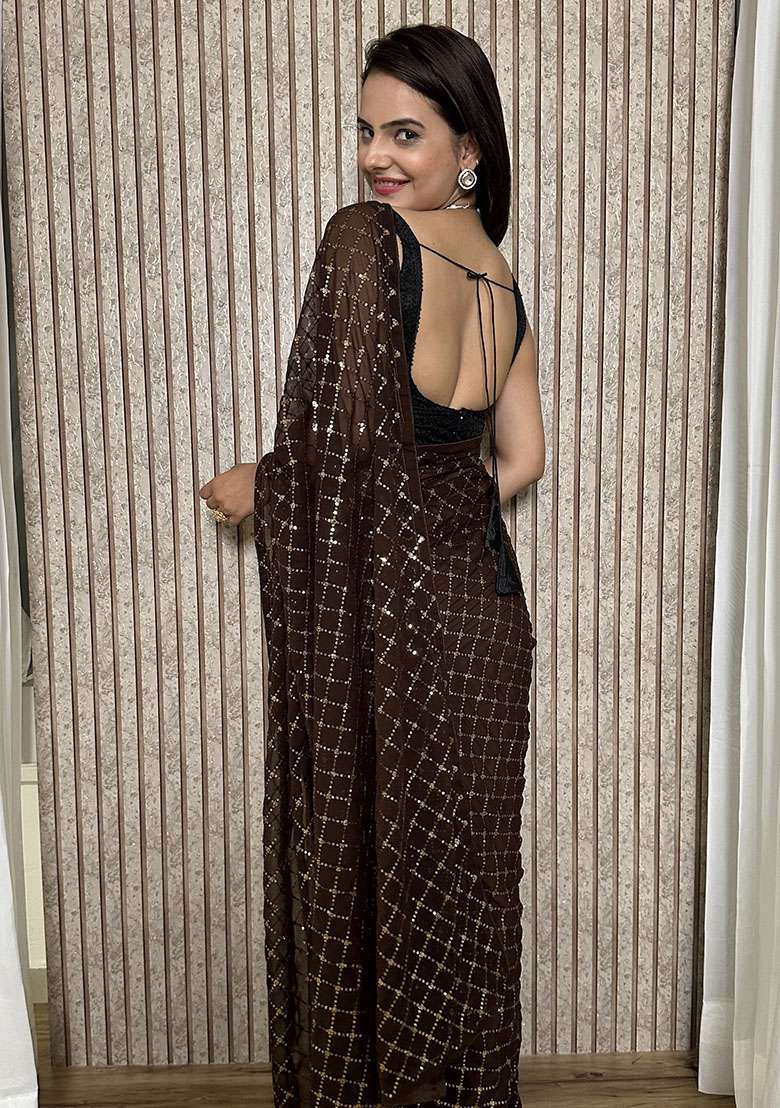 Brown Georgette Saree Set with Embroidery for Diwali | Wedding & Festive Wear - Indya