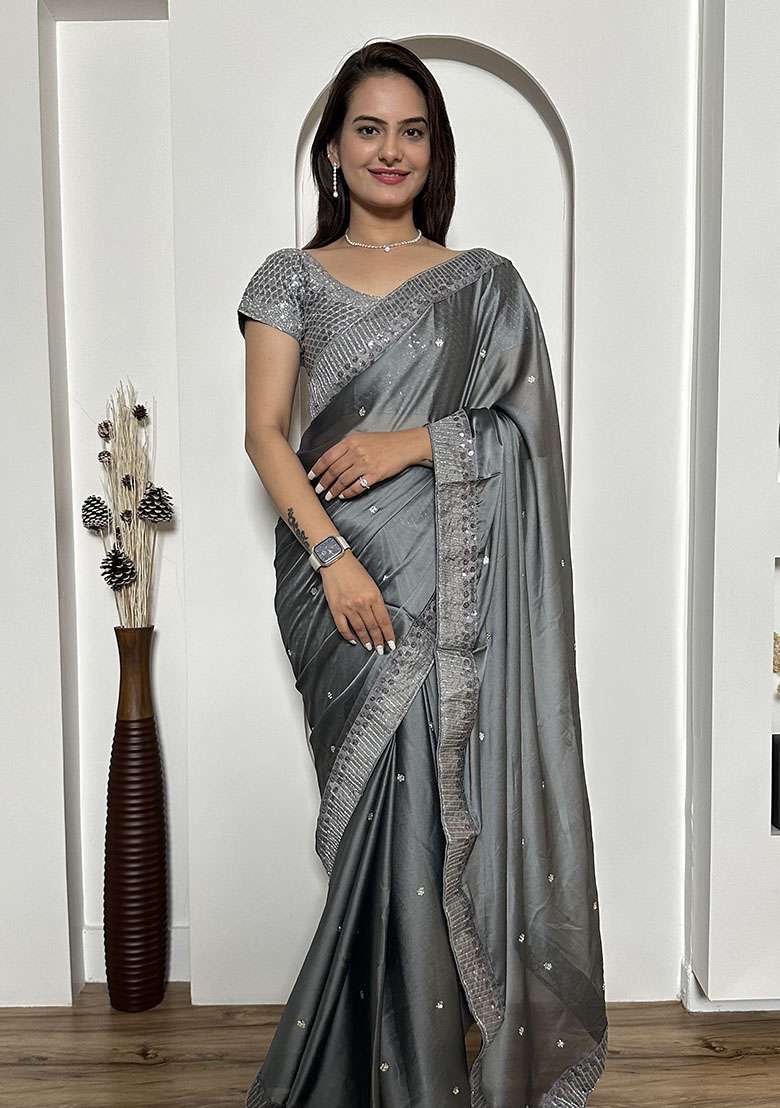Grey Embroidery Silk Blend Saree Set for Diwali and Festive Wear - Indya