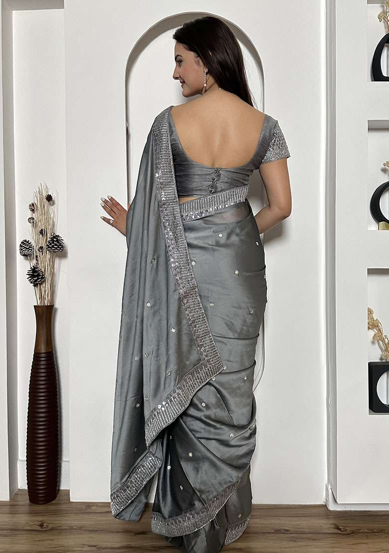 Grey Embroidery Silk Blend Saree Set for Diwali and Festive Wear - Indya