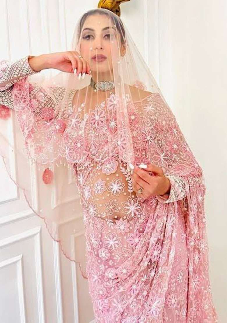 Baby Pink Net Saree Set with Embroidery for Diwali | Wedding & Festive Wear - Indya