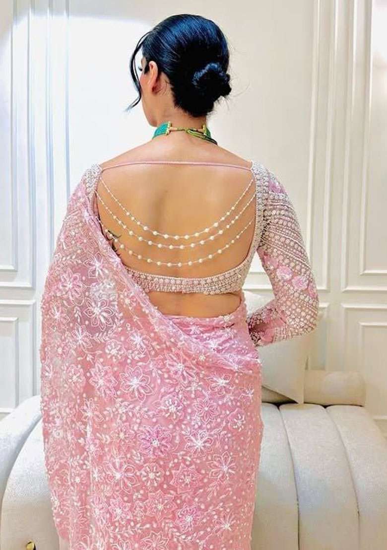 Baby Pink Net Saree Set with Embroidery for Diwali | Wedding & Festive Wear - Indya