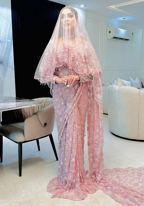 Baby Pink Embroidery Net Saree Set