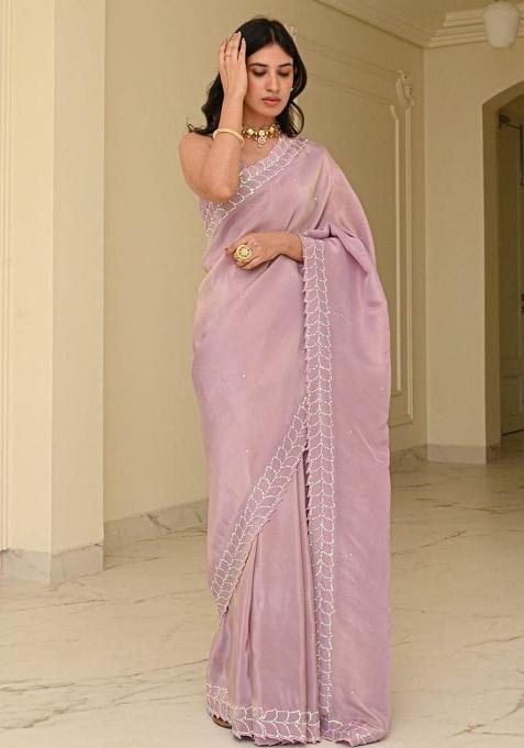 Lavender Embroidery Silk Saree Set
