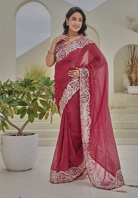 Maroon Embroidery Blended Saree Set