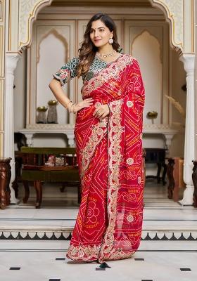 Red Embroidery Bandhrej Saree Set - Indya