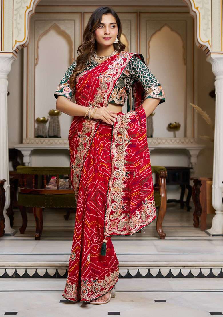 Red Bandhrej Saree Set with Embroidery for Diwali | Wedding & Festive Wear - Indya