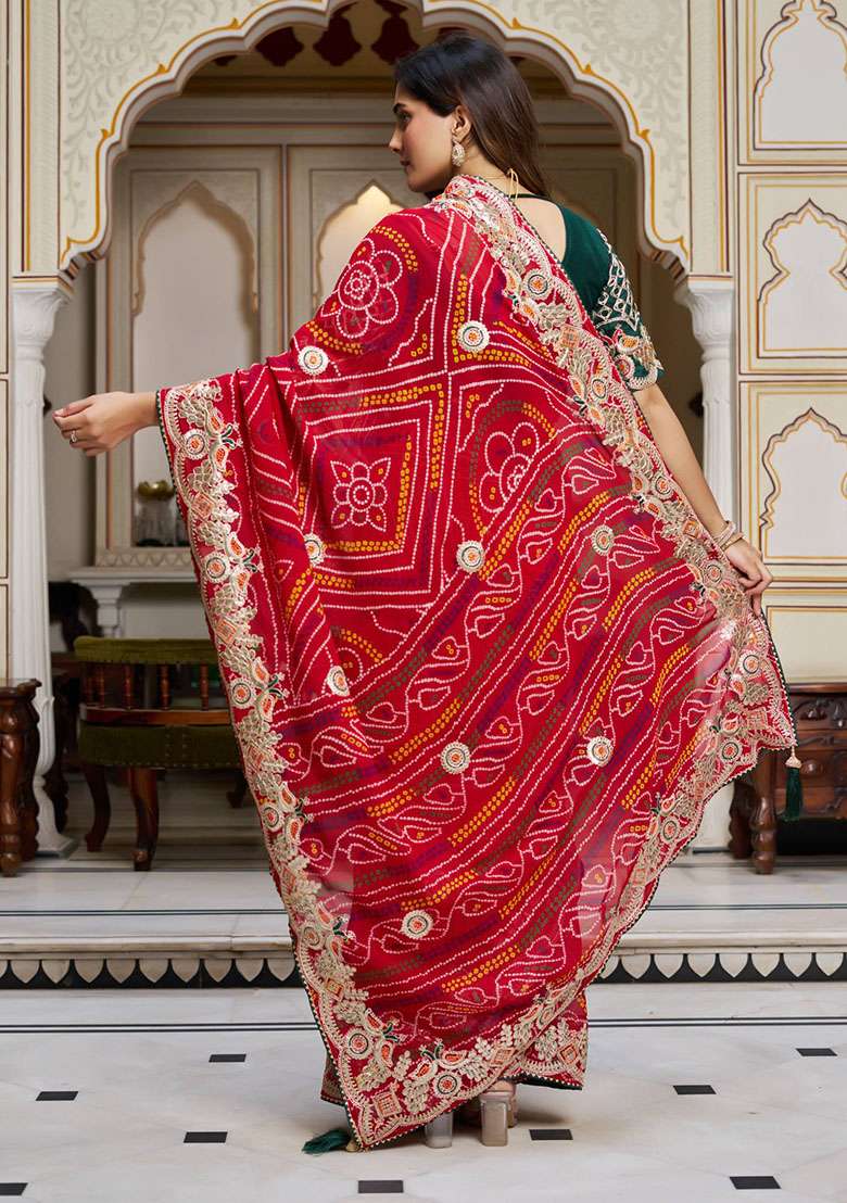 Red Bandhrej Saree Set with Embroidery for Diwali | Wedding & Festive Wear - Indya