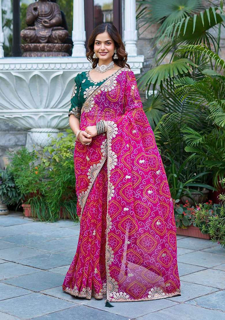 Pink Bandhrej Saree Set with Embroidery for Diwali | Wedding & Festive Wear - Indya