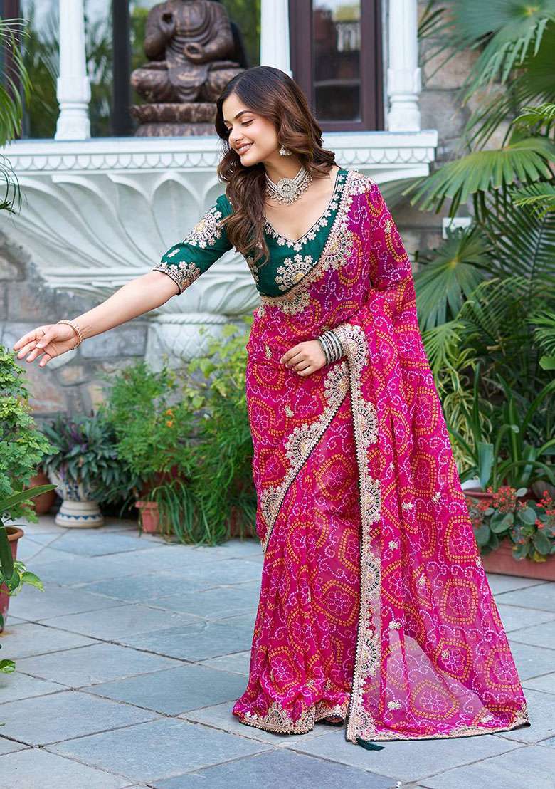 Pink Bandhrej Saree Set with Embroidery for Diwali | Wedding & Festive Wear - Indya