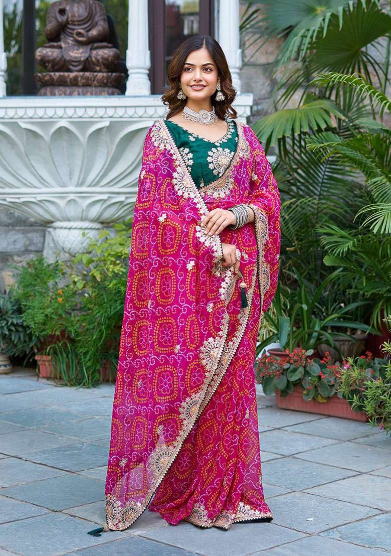 Pink Bandhrej Saree Set with Embroidery for Diwali | Wedding & Festive Wear - Indya