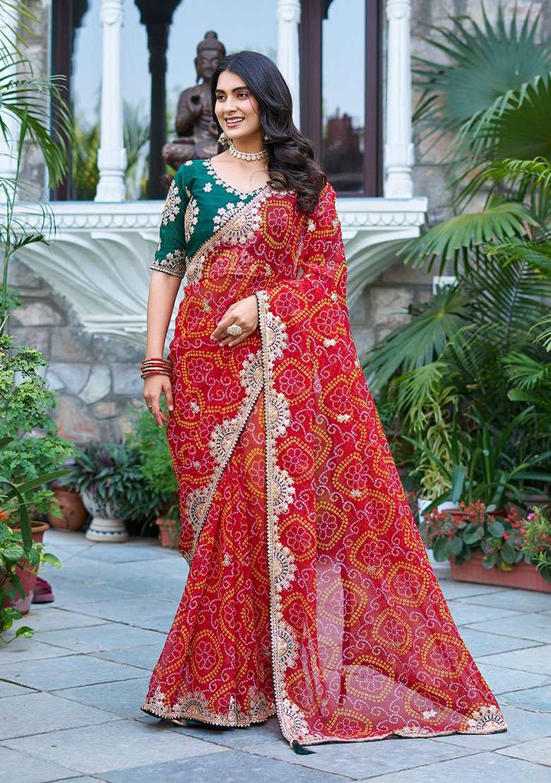 Red Embroidery Bandhrej Saree Set for Diwali and Festive Wear - Indya