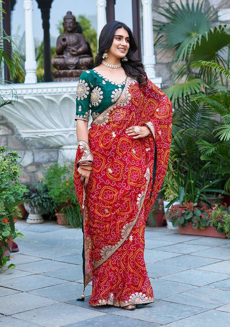 Red Embroidery Bandhrej Saree Set for Diwali and Festive Wear - Indya