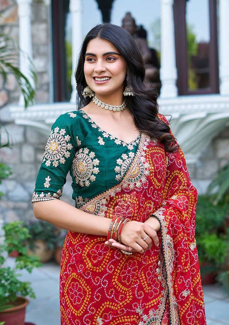 Red Embroidery Bandhrej Saree Set for Diwali and Festive Wear - Indya