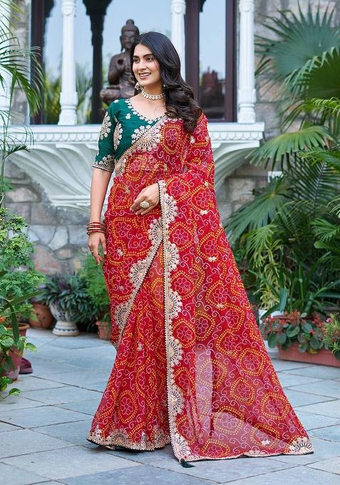 Red Embroidery Bandhrej Saree Set