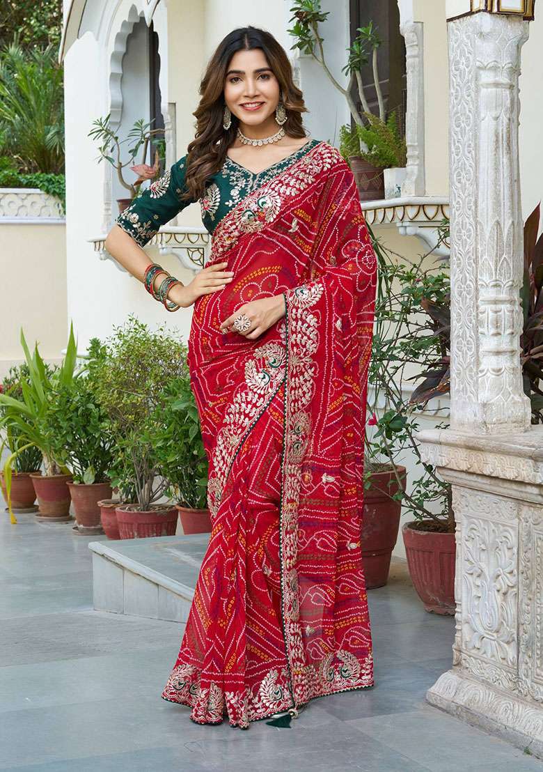 Red Embroidery Bandhrej Saree Set for Diwali and Festive Wear - Indya