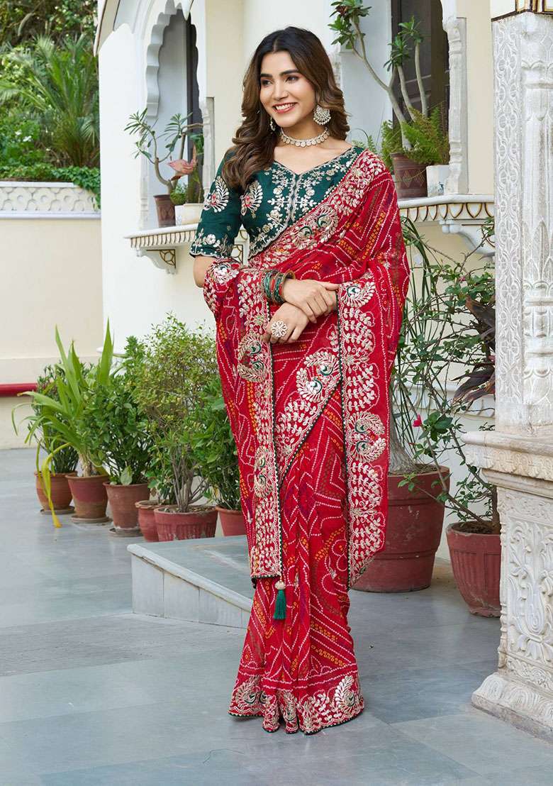 Red Embroidery Bandhrej Saree Set for Diwali and Festive Wear - Indya