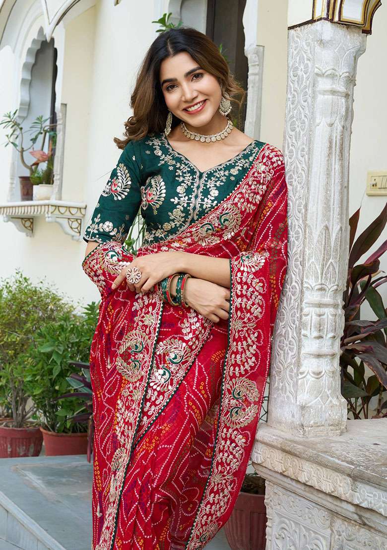Red Embroidery Bandhrej Saree Set for Diwali and Festive Wear - Indya