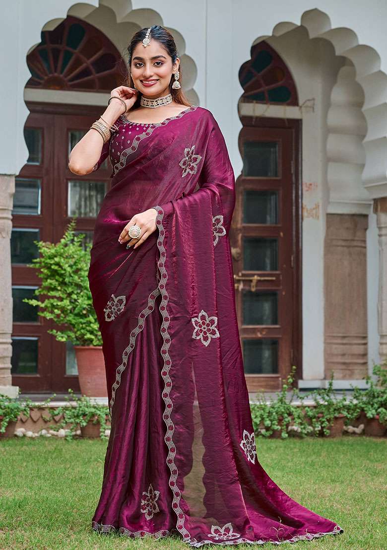 Wine Embroidery Silk Blend Saree Set for Diwali and Festive Wear - Indya
