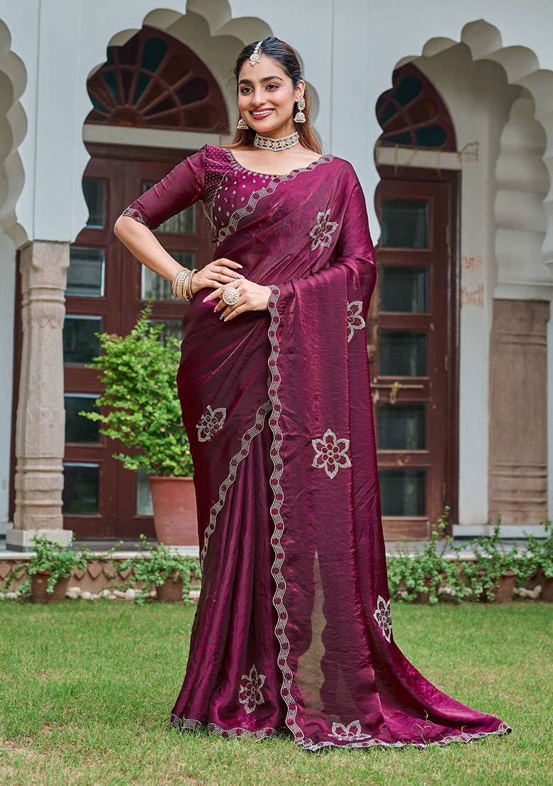 Wine Embroidery Silk Blend Saree Set for Diwali and Festive Wear - Indya