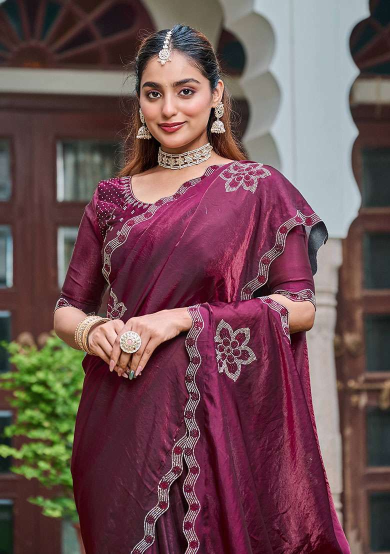 Wine Embroidery Silk Blend Saree Set for Diwali and Festive Wear - Indya