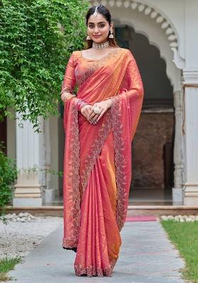 Peach Embroidery Silk Saree Set