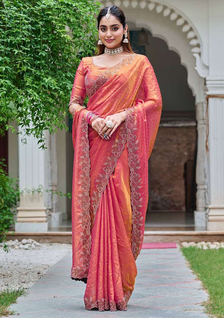 Peach Embroidery Silk Blend Saree Set for Diwali and Festive Wear - Indya