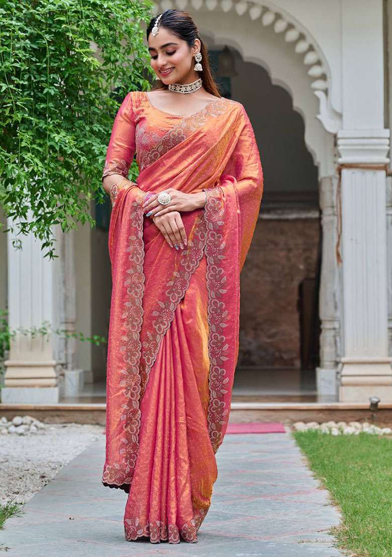 Peach Embroidery Silk Blend Saree Set for Diwali and Festive Wear - Indya