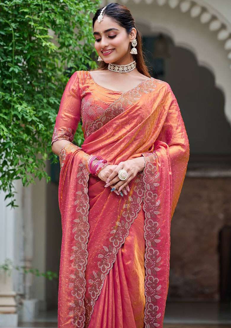 Peach Embroidery Silk Blend Saree Set for Diwali and Festive Wear - Indya