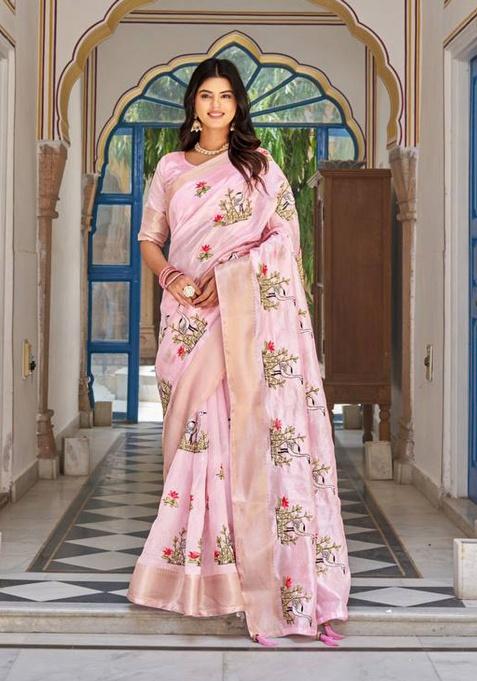 Baby Pink Embroidery Blended Saree Set